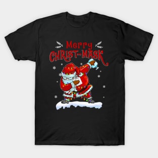 funny dabbing Santa merry Christ mask Christmas shirt | funny Christmas Santa wears mask shirt T-Shirt